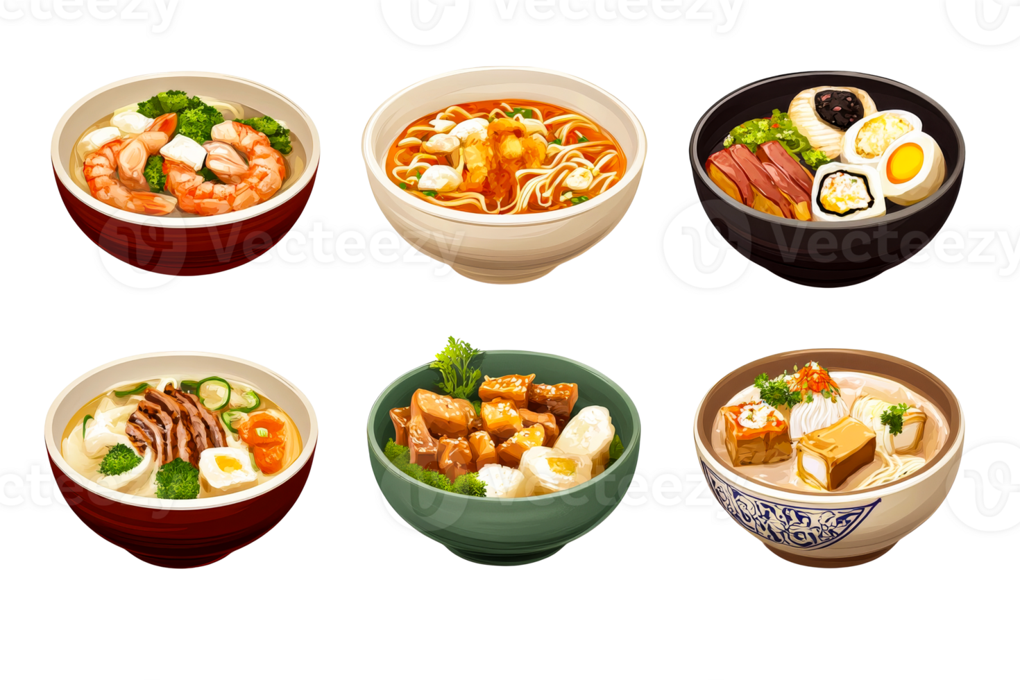Diverse Bowls of Asian Soups and Dishes, cut out transparent png