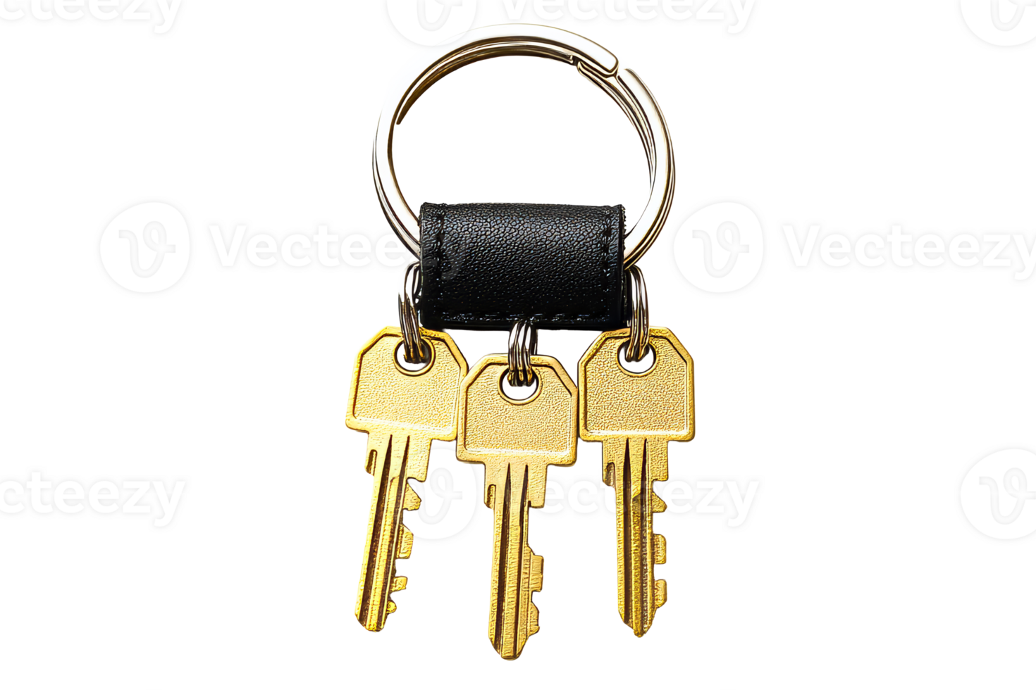 Three keys on ring with black leather strap, cut out transparent png