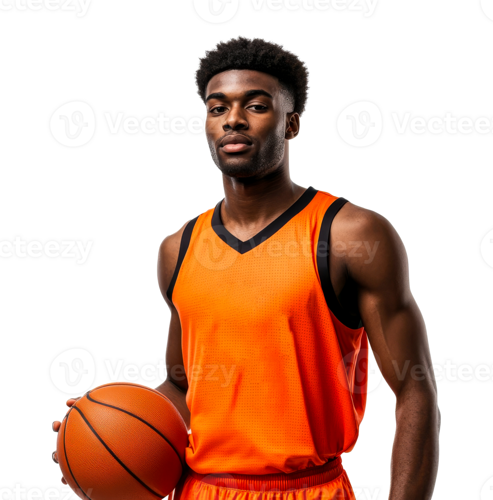 Basketball player with ball, orange uniform, muscular, isolated, serious, cut out transparent png