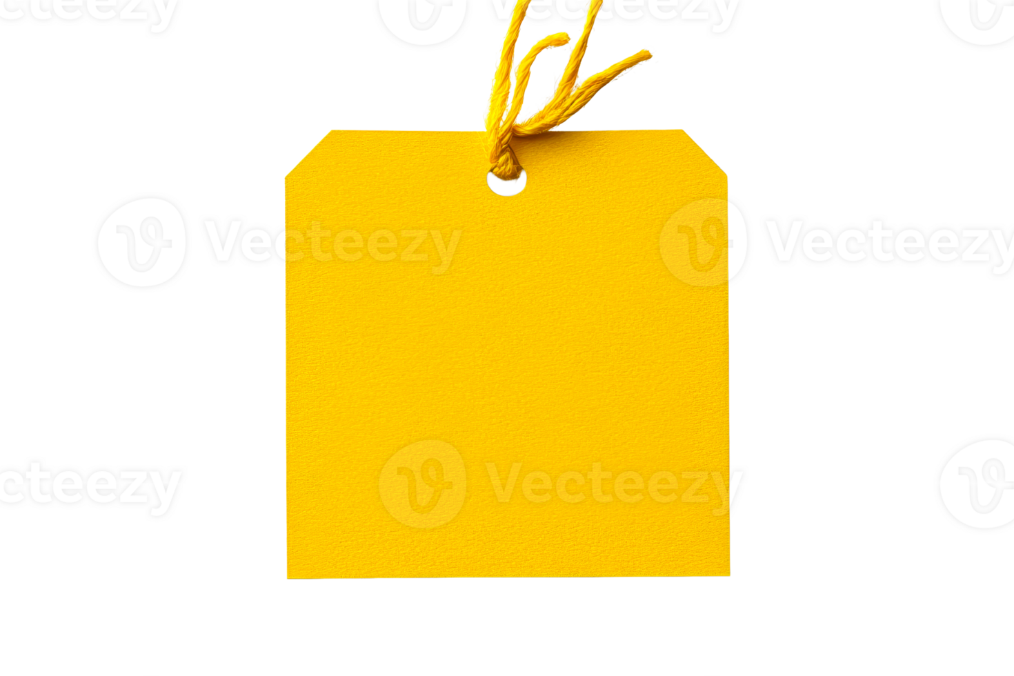 Blank yellow tag with string detail on black, cut out transparent png