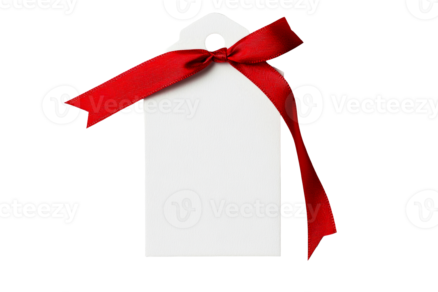 White tag with red ribbon, bow, present, gift, isolated object, cut out transparent png