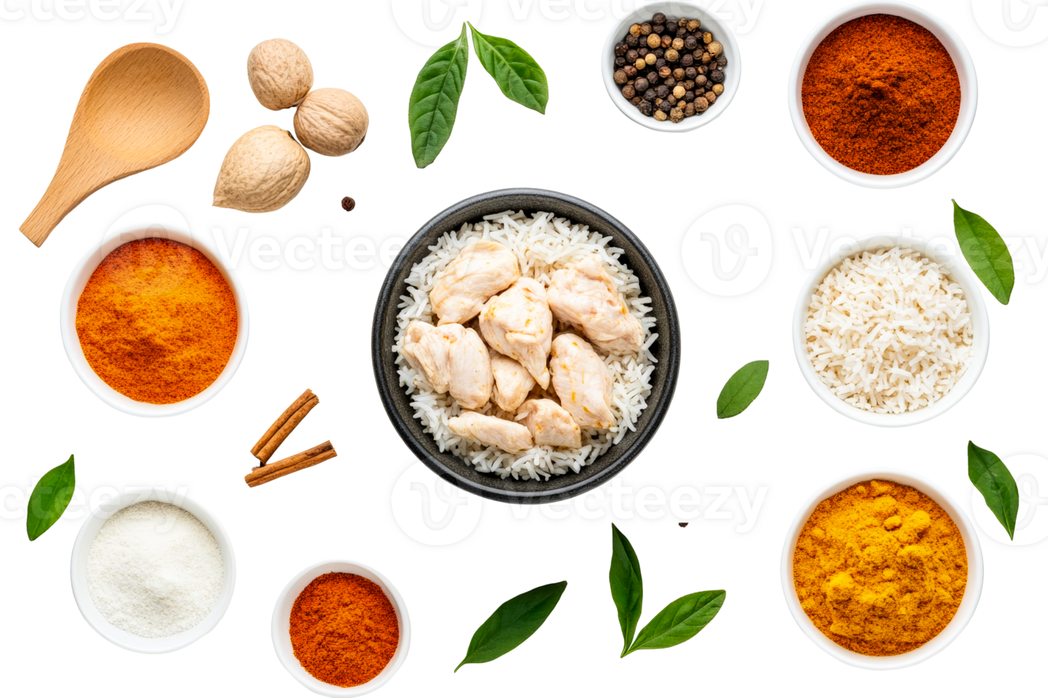 Chicken curry ingredient composition on black background, cut out transparent png