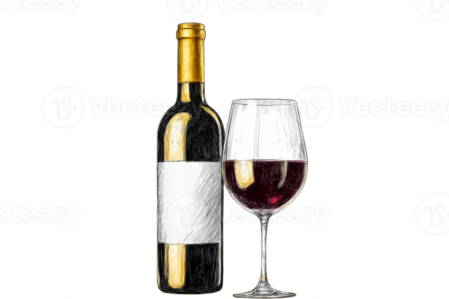 Red Wine Bottle and Glass Sketch Drawing, Cut Out Transparent png