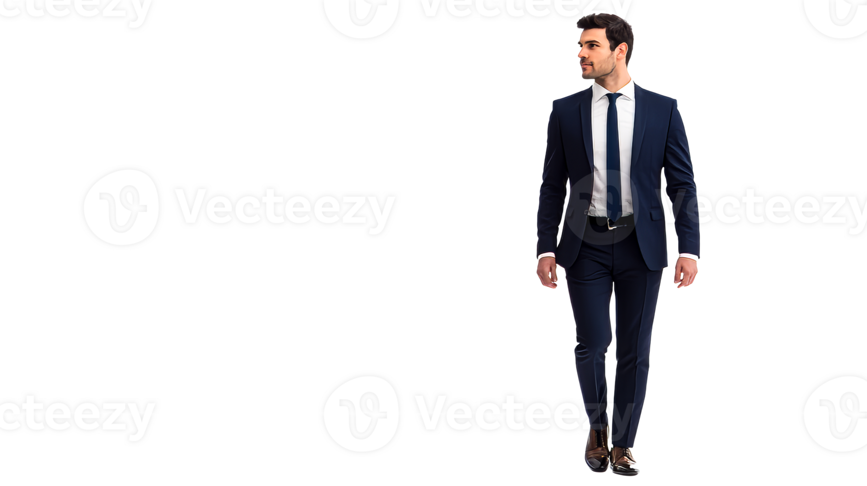 Handsome man in dark formal suit walking, looking away, cut out transparent png