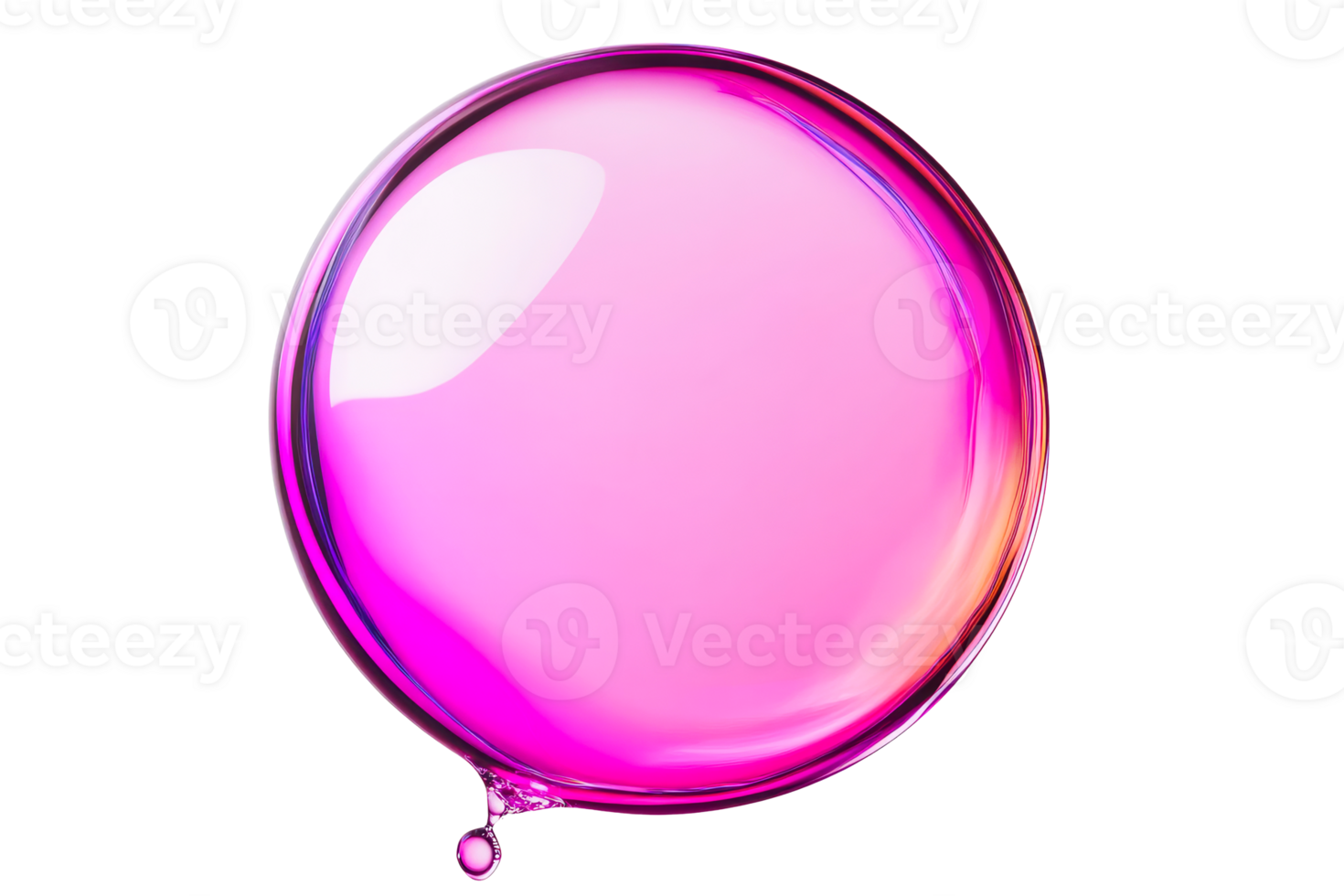Pink soap bubble with droplet, iridescent surface, cut out transparent png