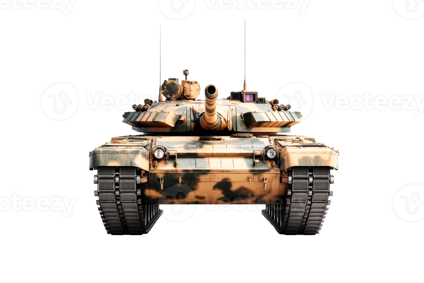 Modern military tank with camo design, powerful armored vehicle, cut out transparent png