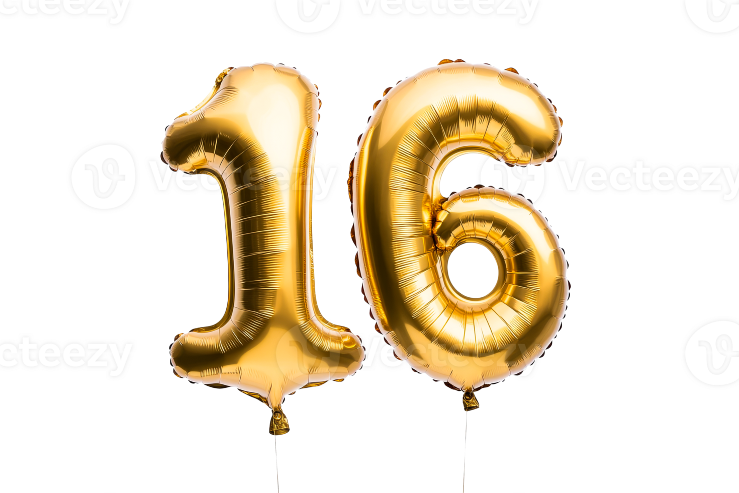 Golden sixteen number balloons, anniversary celebration, party decor, cut out transparent png