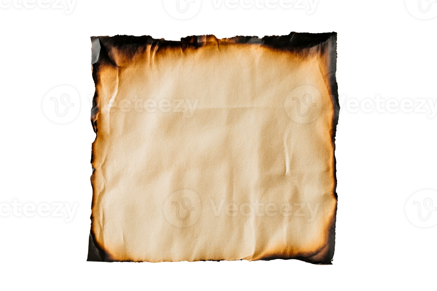 Square Vintage Paper with Burned Edges Isolated on Black, cut out transparent png
