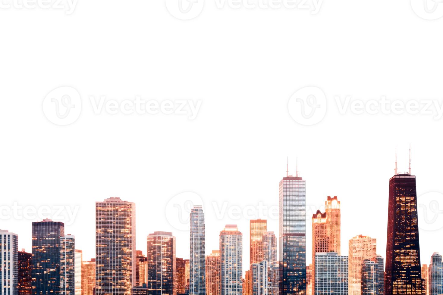 Urban panorama with tall buildings glowing at night, cut out transparent png