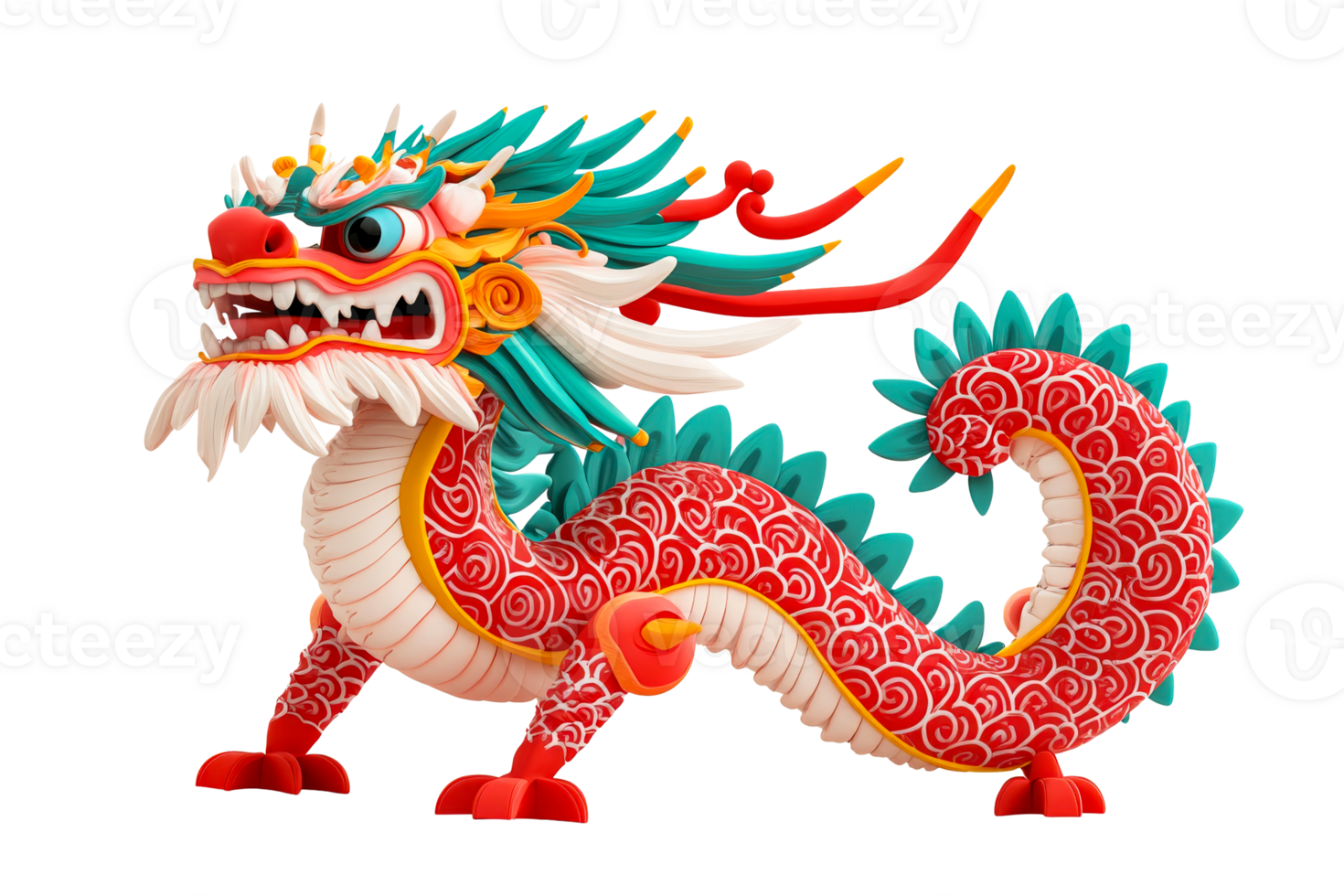 Playful Asian dragon with red and turquoise colors, cut out transparent png