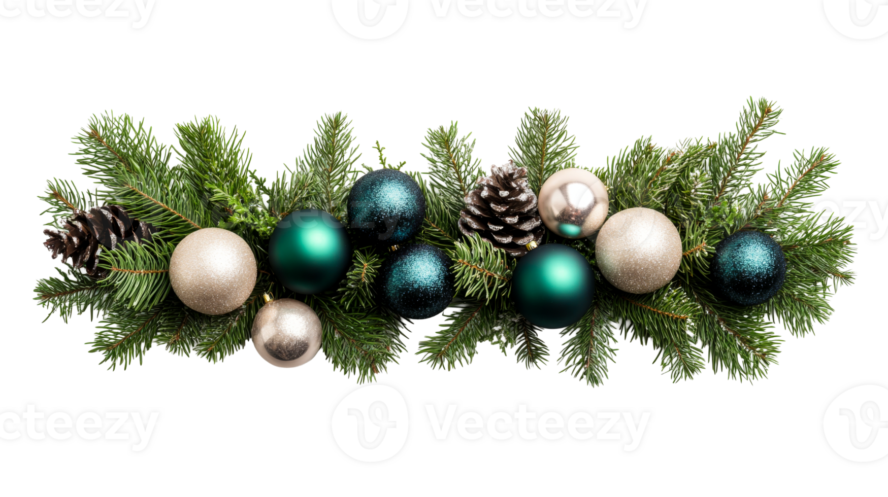 Festive fir branch ornament with baubles and cones, cut out transparent png