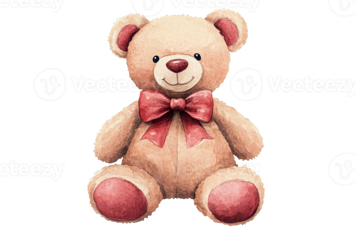 Teddy bear toy with red bow watercolor drawing, cut out transparent png