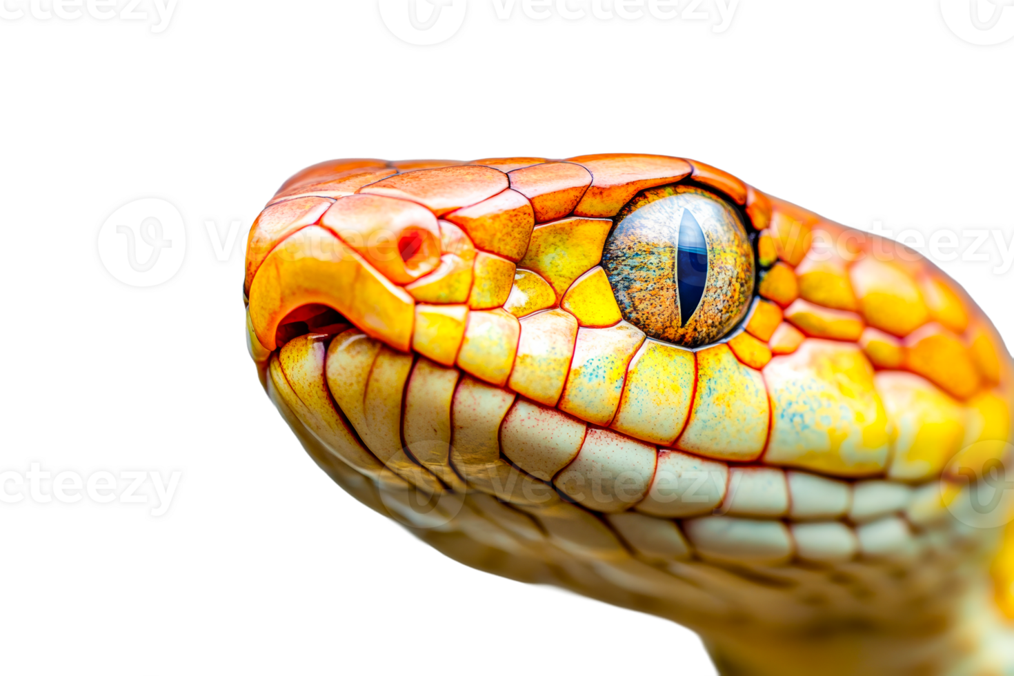 Closeup of vibrant yellow snake with striking eye, cut out transparent png
