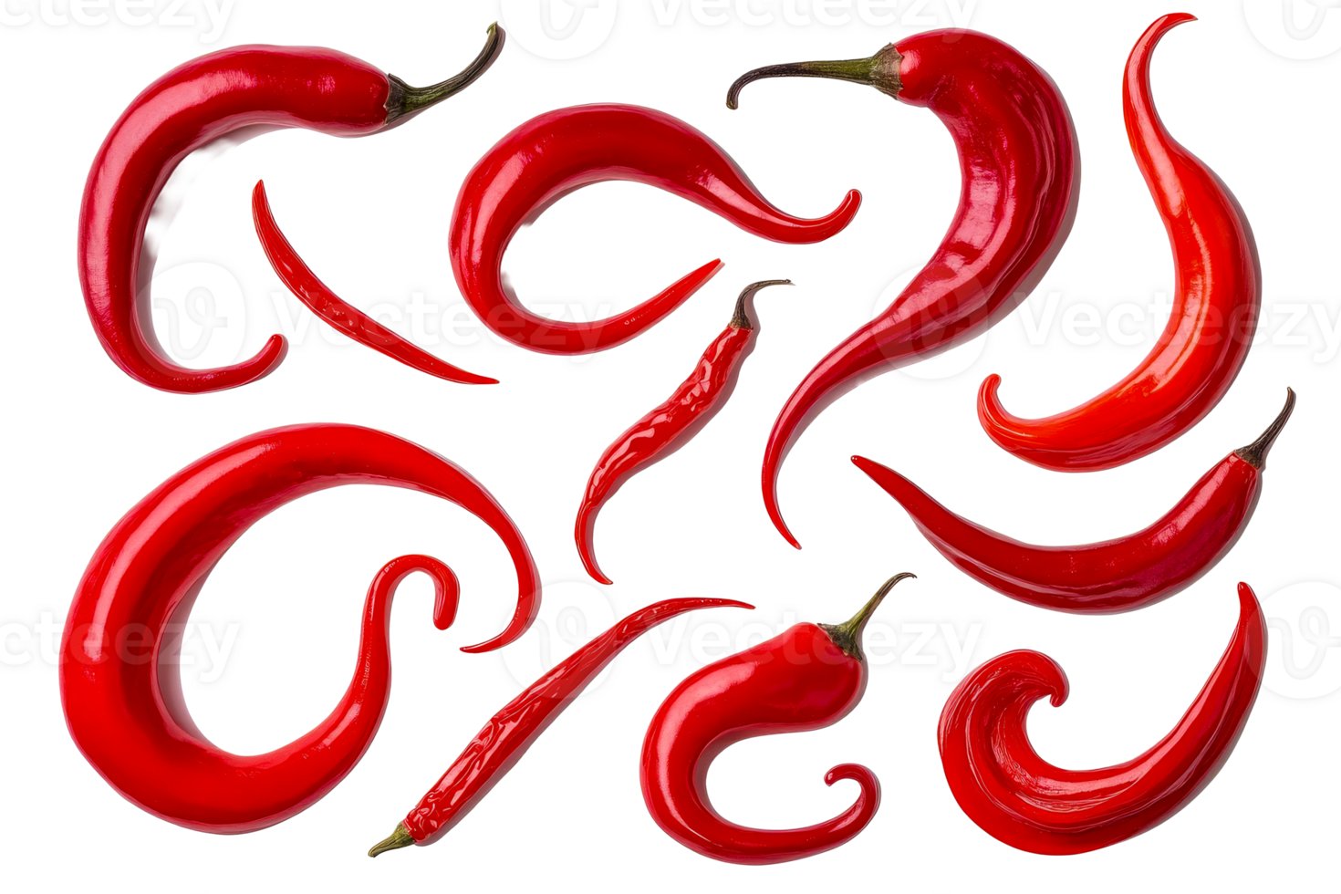 Collection of spicy red chili peppers, intricate shapes, cut out transparent png