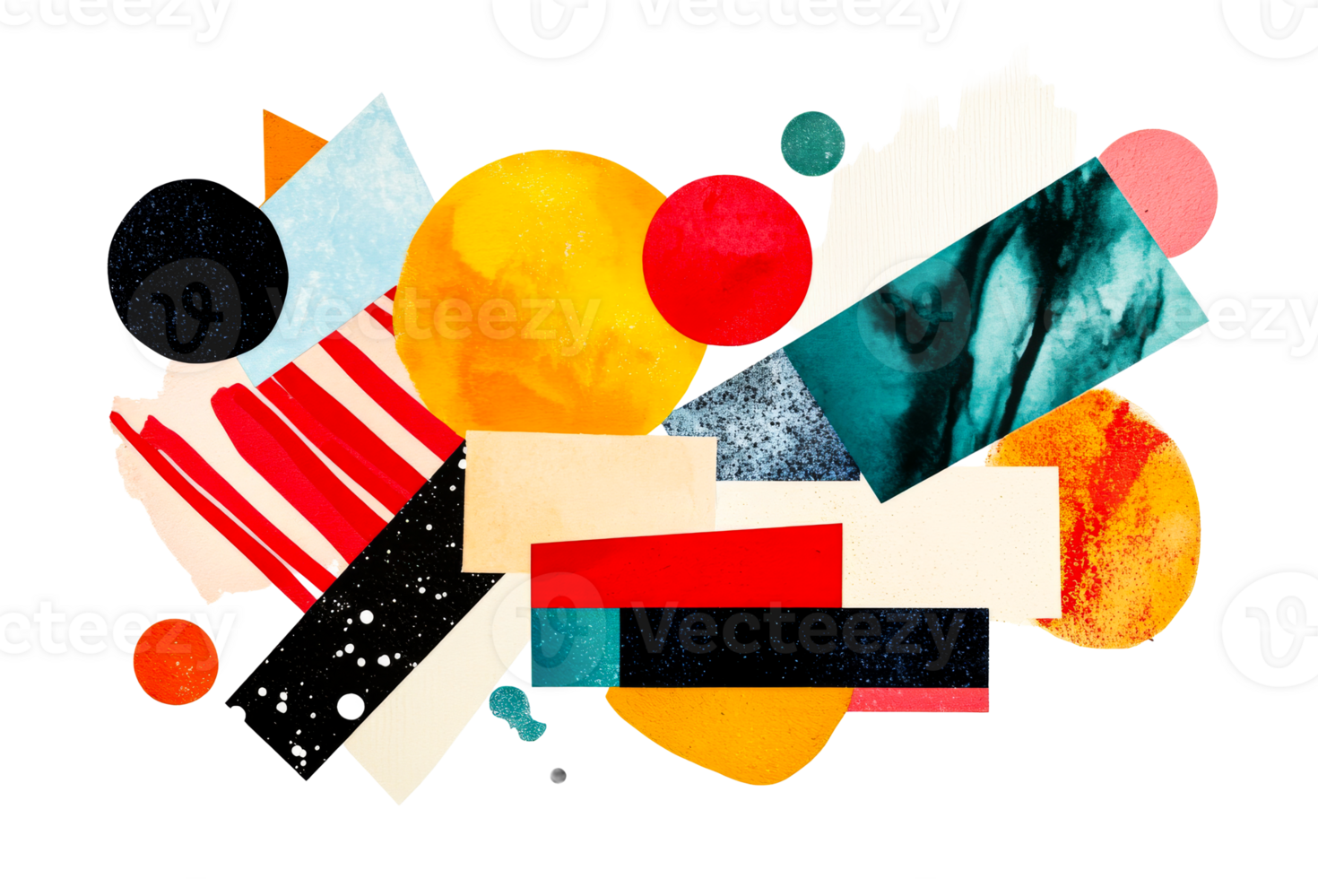 Bright collage of geometric shapes with mixed textures, cut out transparent png
