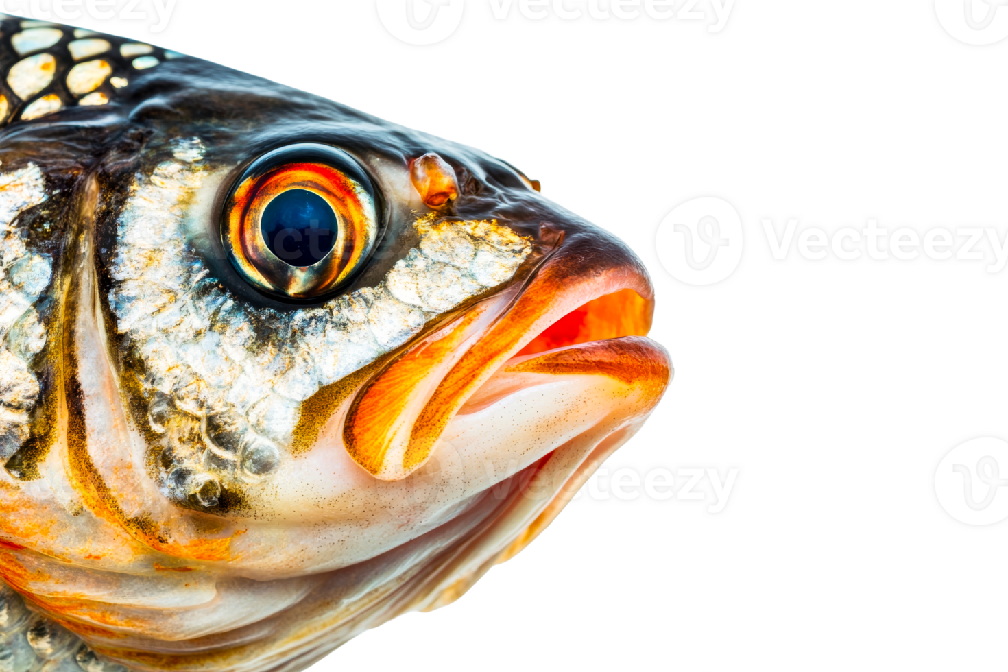 Fish portrait with vivid colors, open mouth, close-up, cut out transparent png