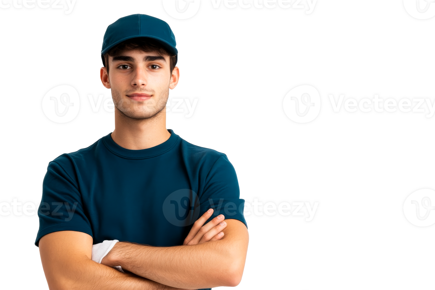 Young worker in uniform with crossed arms, portrait , cut out transparent png