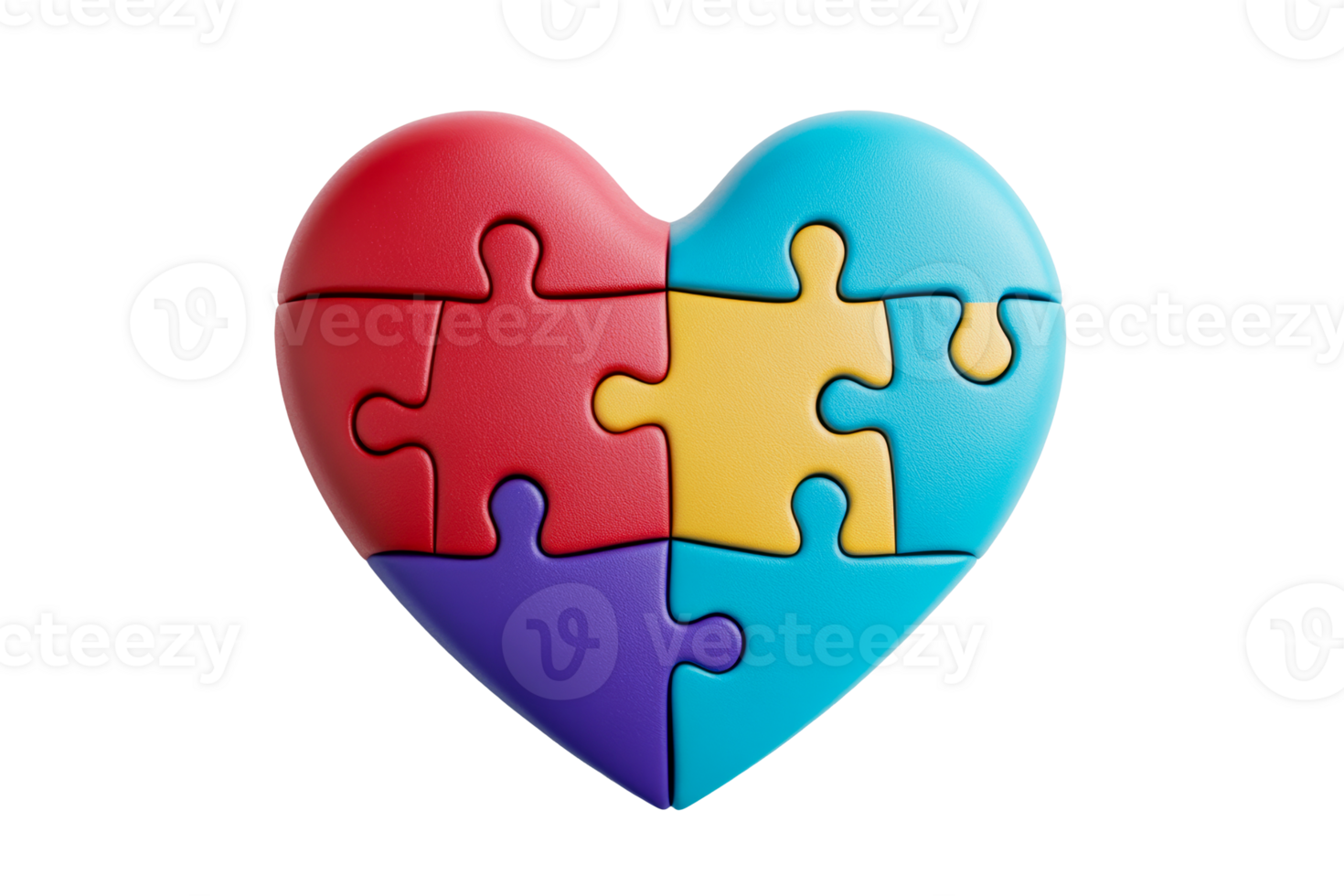 Colorful heart puzzle with pieces in red, blue, yellow, and purple png
