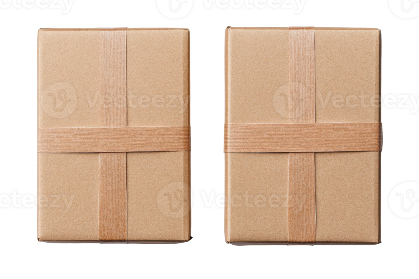 Two brown parcel boxes with ribbon, isolated objects, delivery, cut out transparent png