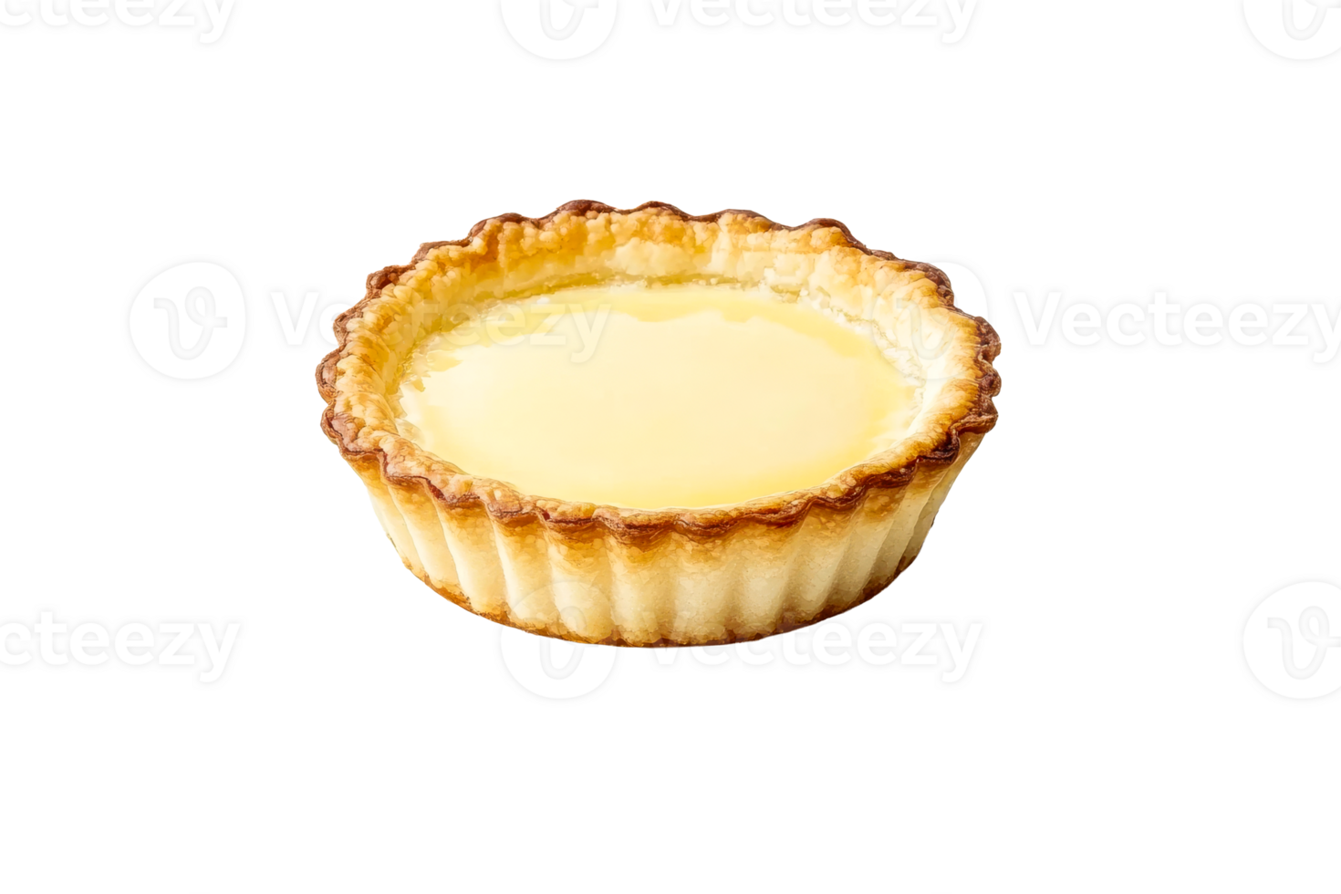 Fresh egg tart with pastry on black background, cut out transparent png