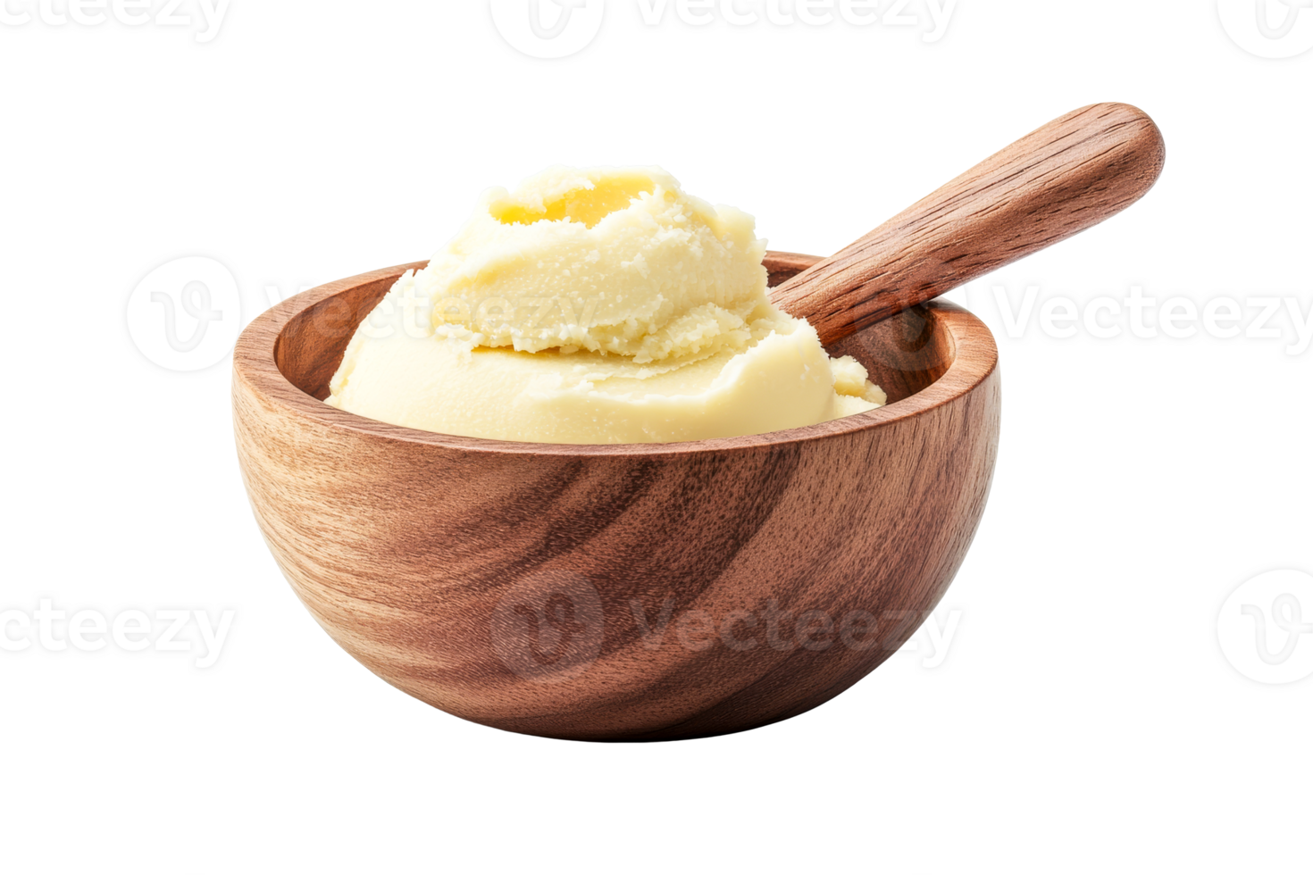 Shea butter in wooden bowl with wooden spoon, cut out transparent png