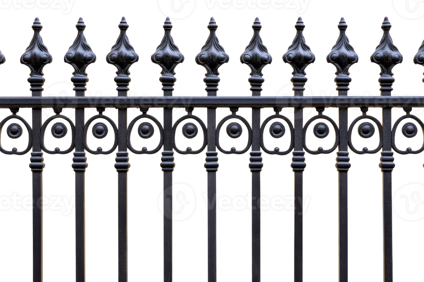 Ornate metal fence with decorative spikes, cut out transparent png