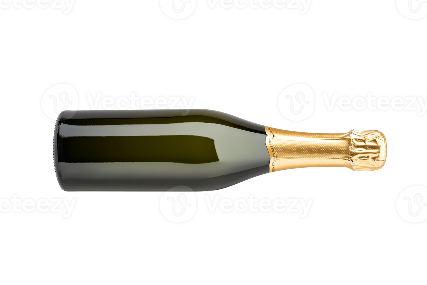Bottle of champagne lies on its side, isolated on black background, cut out transparent png