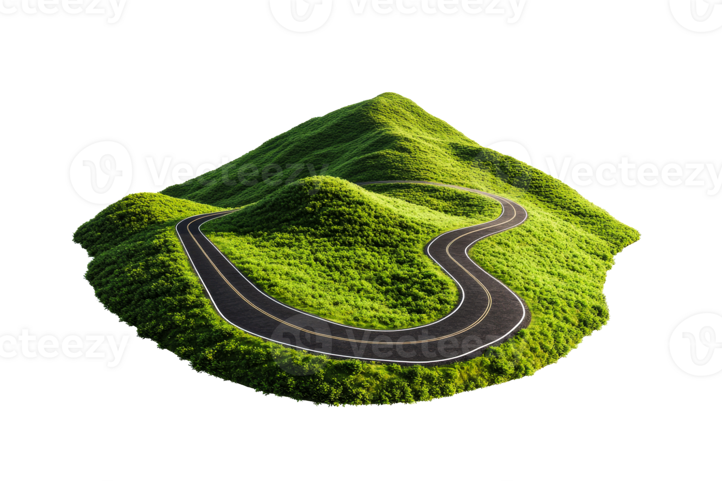 Winding road, mountain, green grass, nature, terrain, isolated object, cut out transparent png