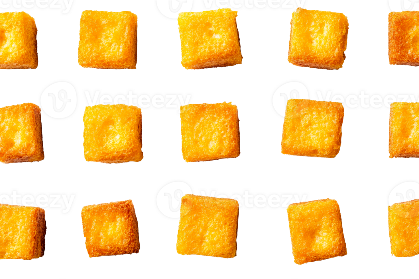 Golden croutons in rows and columns, savory snack, appetizer, cut out transparent png