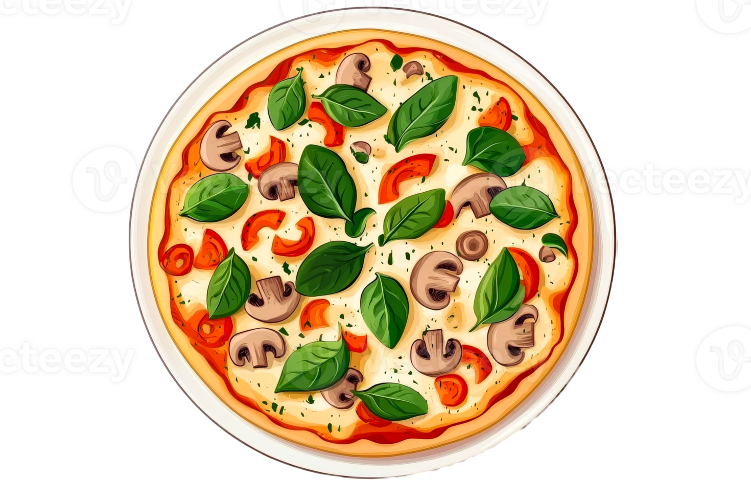 Pizza with mushrooms, basil, tomato, cheese, tasty flatlay, cut out transparent png