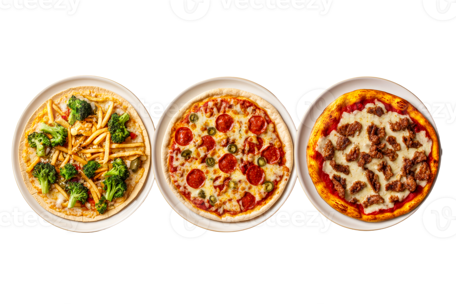 Three distinct pizzas on plates, culinary assortment, overhead shot, cut out transparent png
