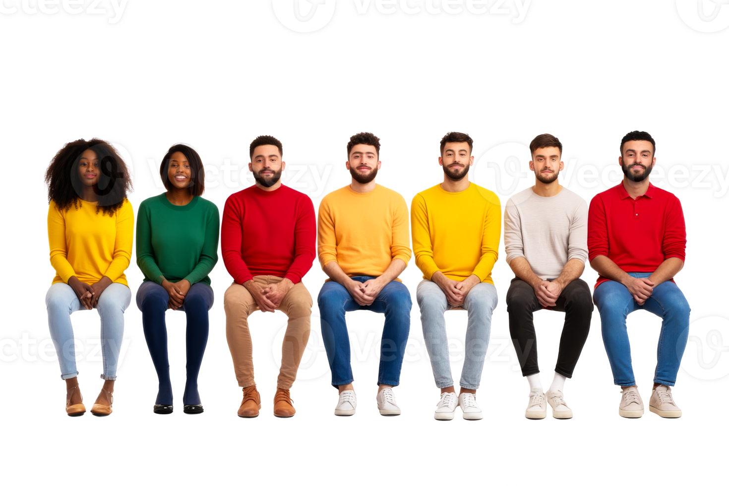 Group of diverse people sitting side by side, smiling, cut out transparent png