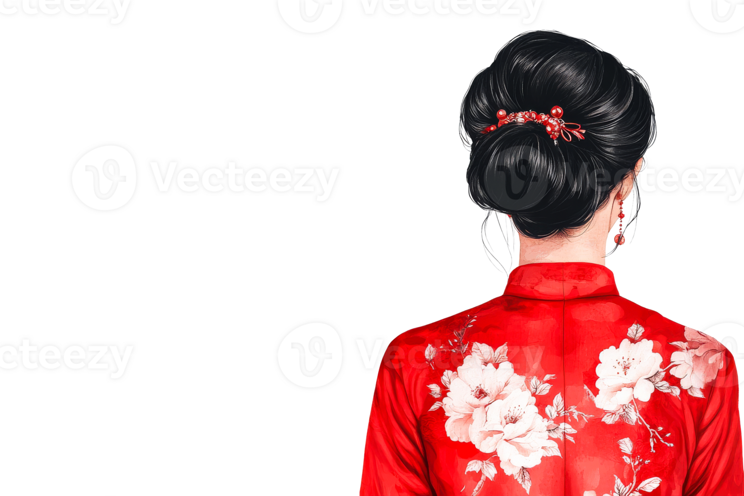 Back view of a woman in red dress with flowers, cut out transparent png