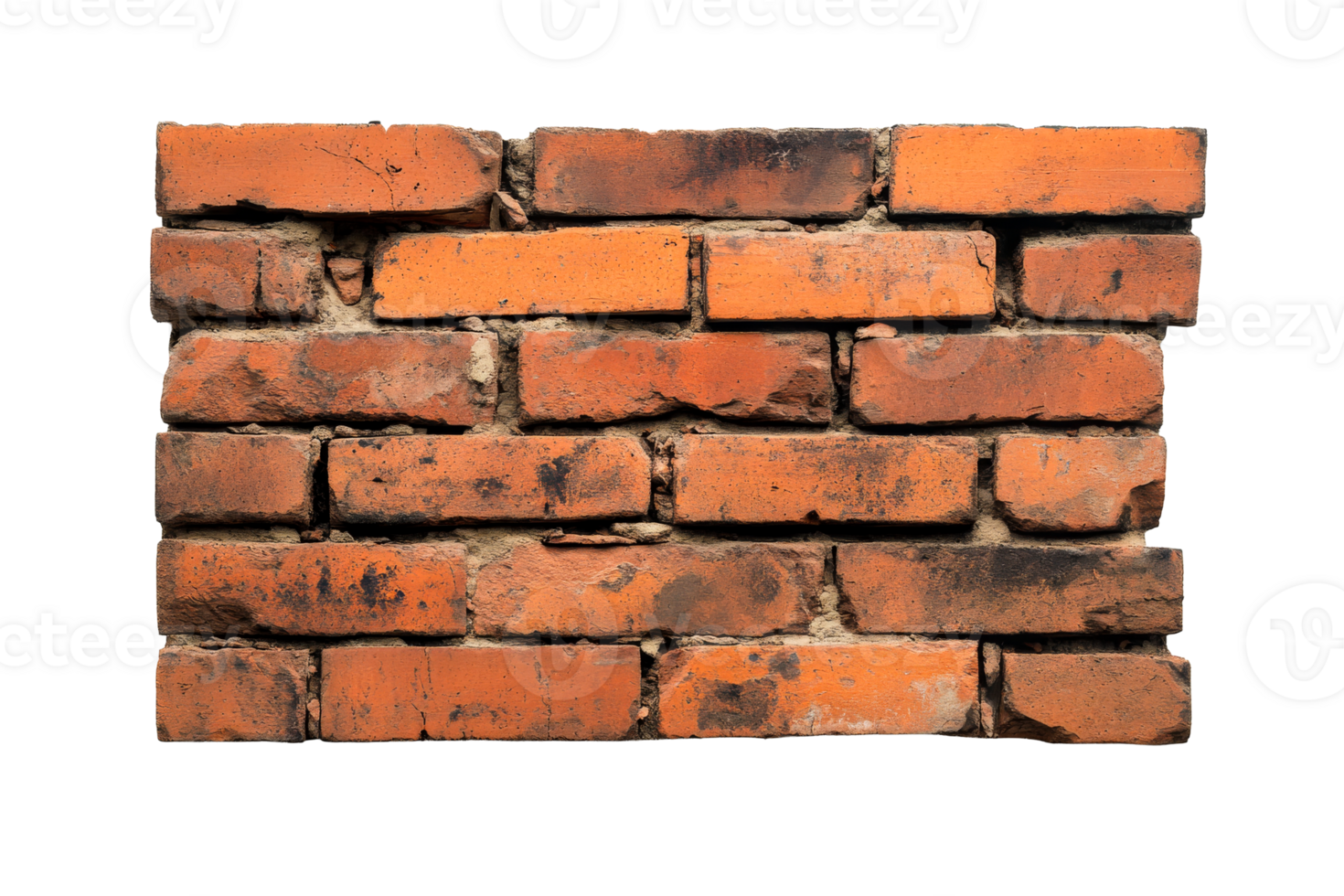 Old orange brick wall structure, construction background, isolated object, cut out transparent png