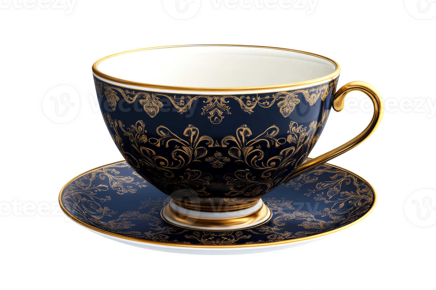 Navy teacup with gold swirls and details, cut out transparent png