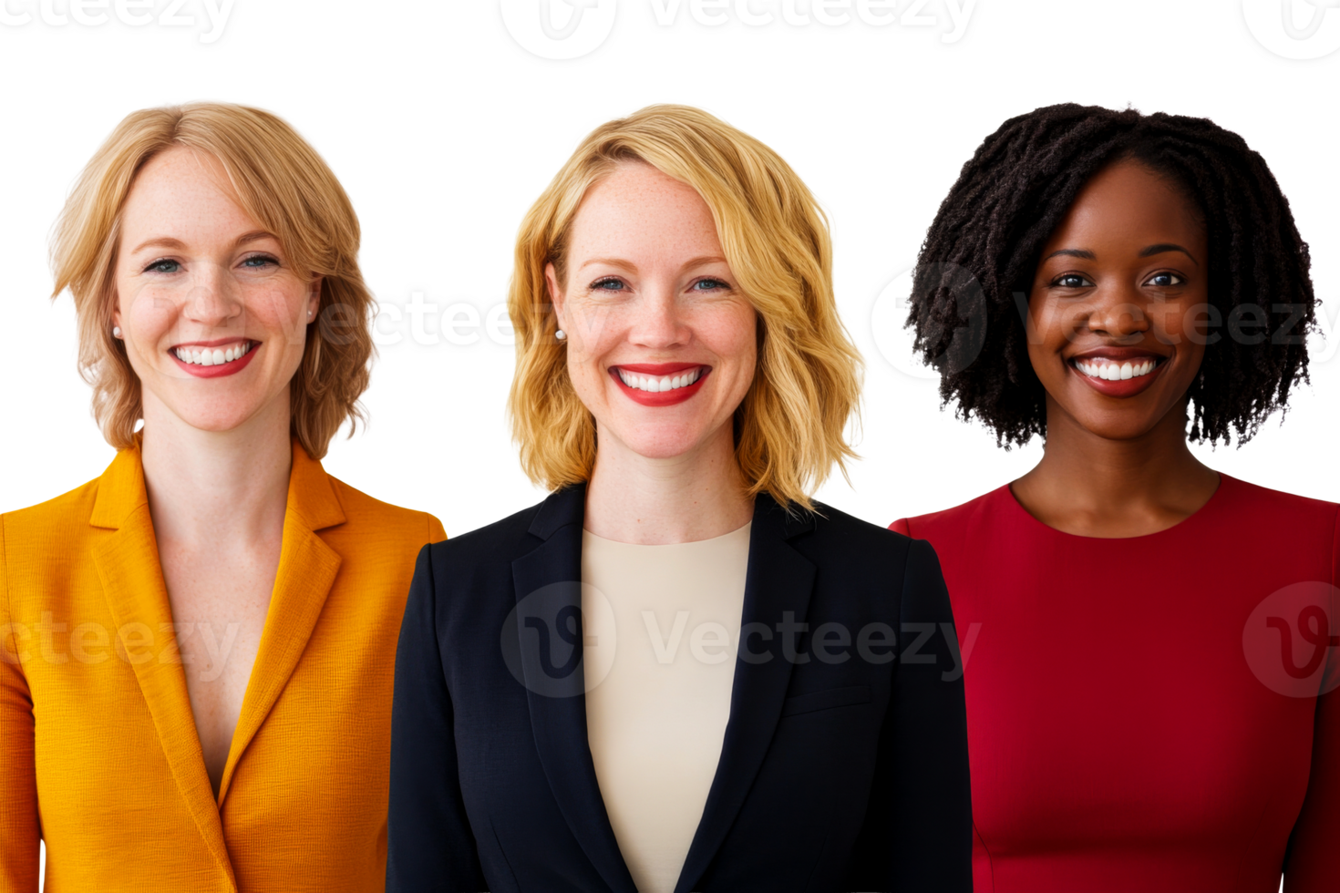 Three smiling diverse women in professional attire, cut out transparent png