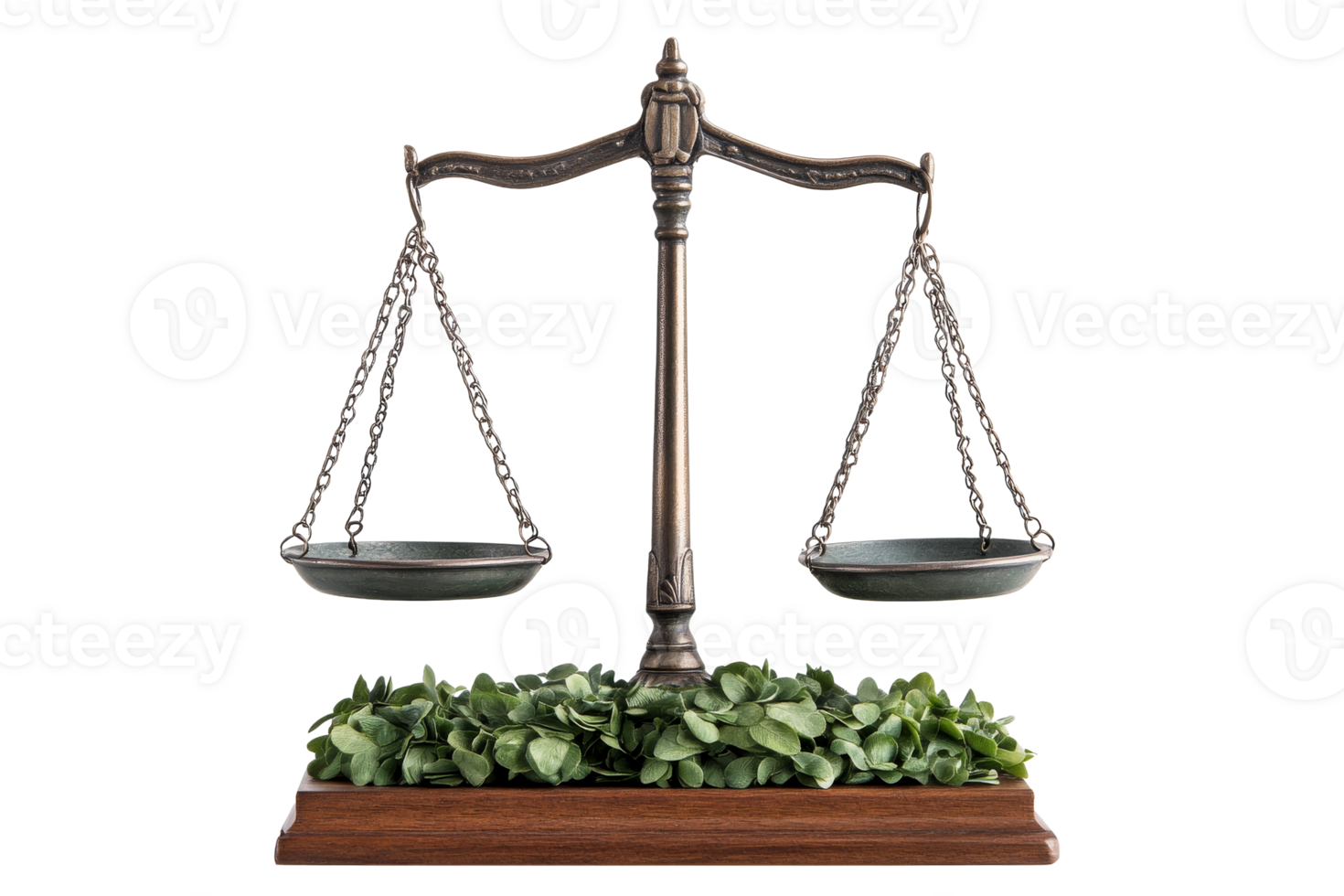 Justice scales on wooden base with greenery, cut out transparent png