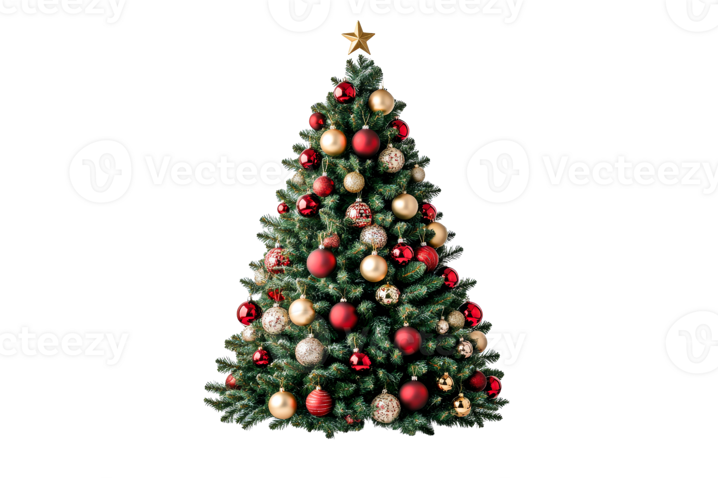 Decorated Christmas tree with golden star on black background, cut out transparent png