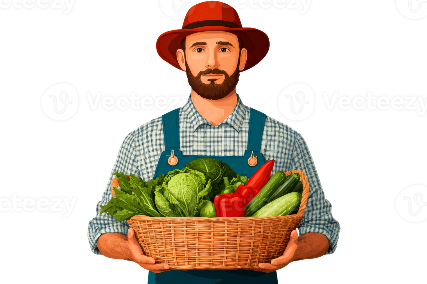 Farmer holding a basket of fresh vegetables and red hat, cut out transparent png