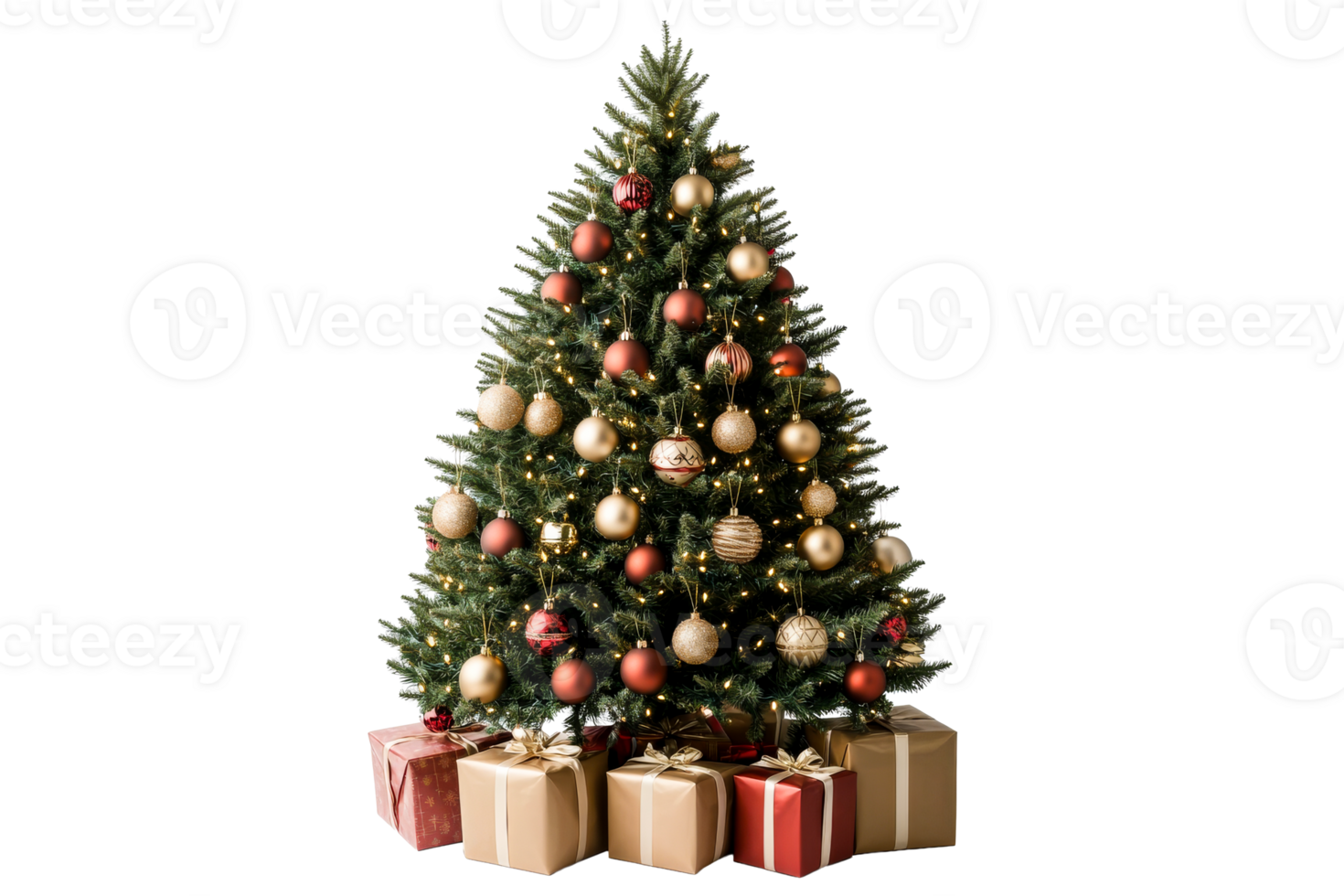 Christmas Tree with Ornaments and Gifts against Black Background, cut out transparent png