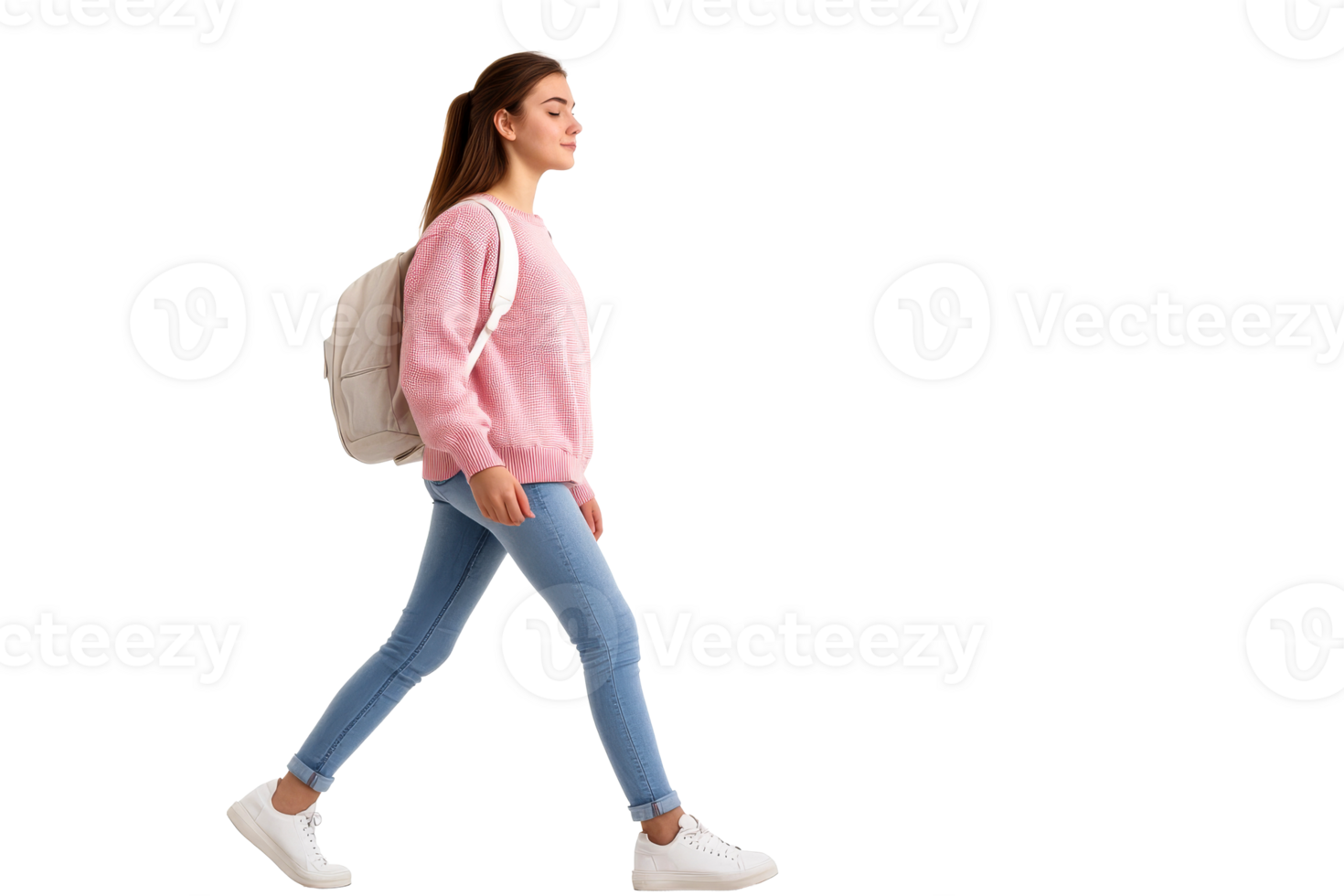 Female student strides forward in casual wear, cut out transparent png