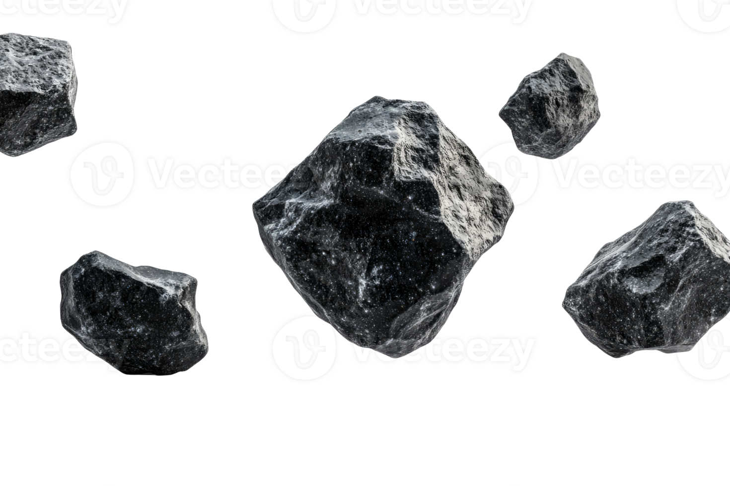 Dark rock fragments, black stone debris, rough texture, isolated, cut out transparent png