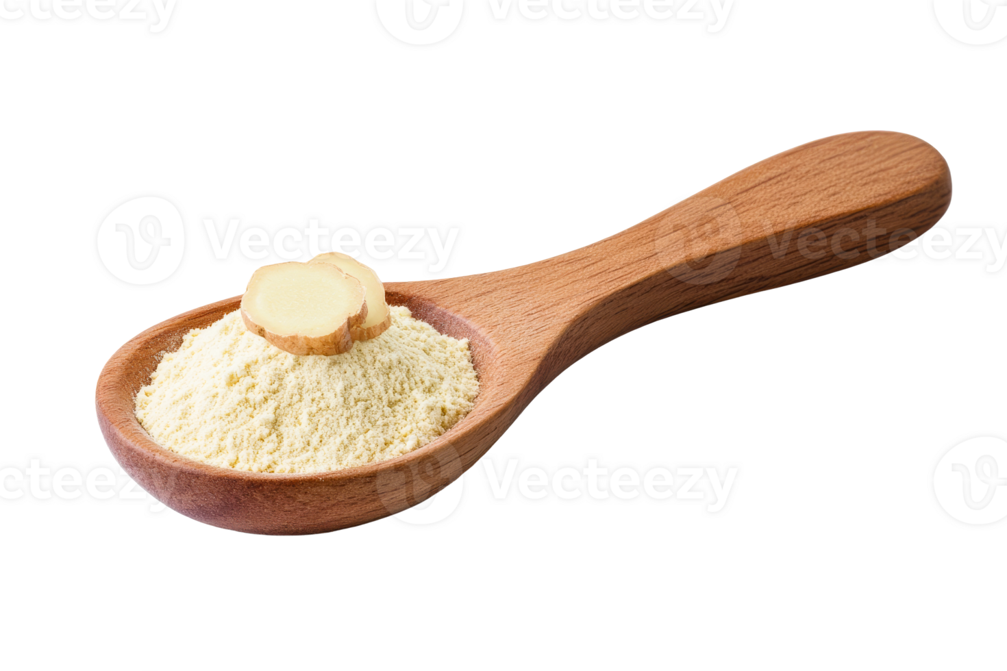Ginger powder and slices in wooden spoon on transparent background png