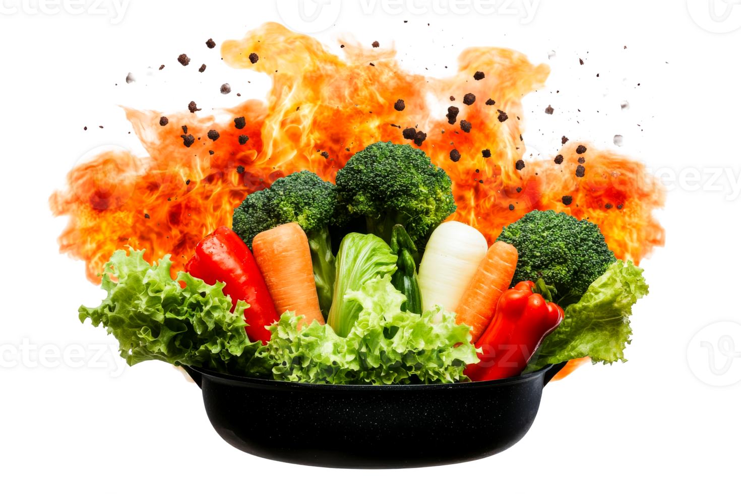 Mixed fresh vegetables on fire cooking dish, cut out transparent png