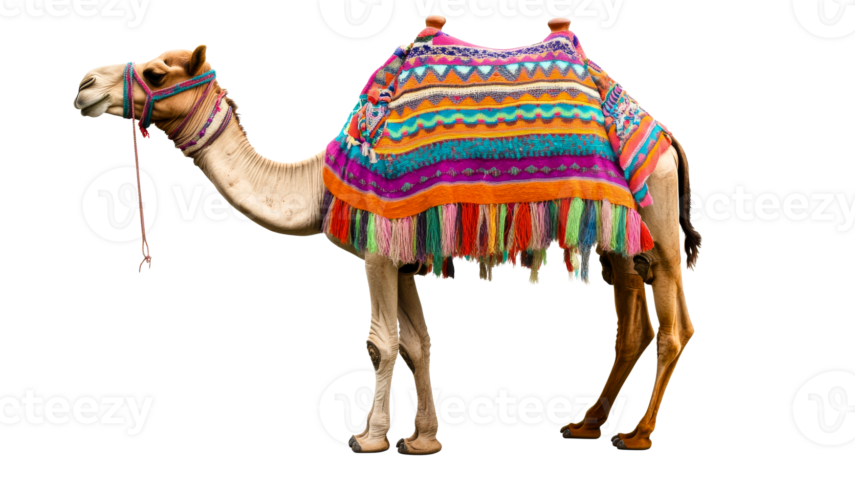 Camel adorned in traditional blanket, vibrant colors, isolated, cut out transparent png