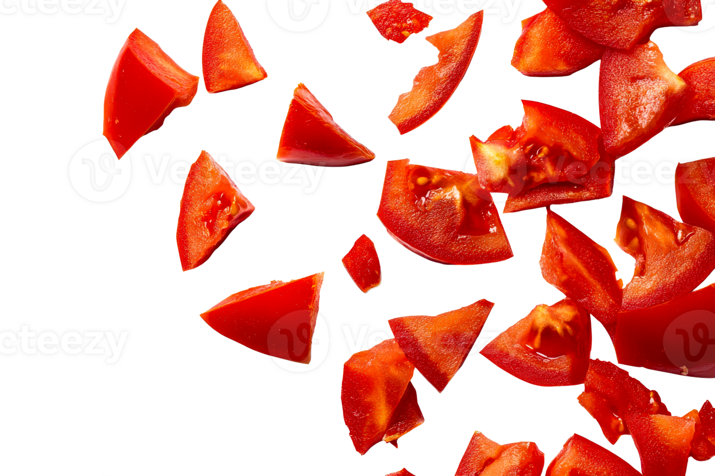 Slices of vibrant red bell pepper floating against black background, cut out transparent png