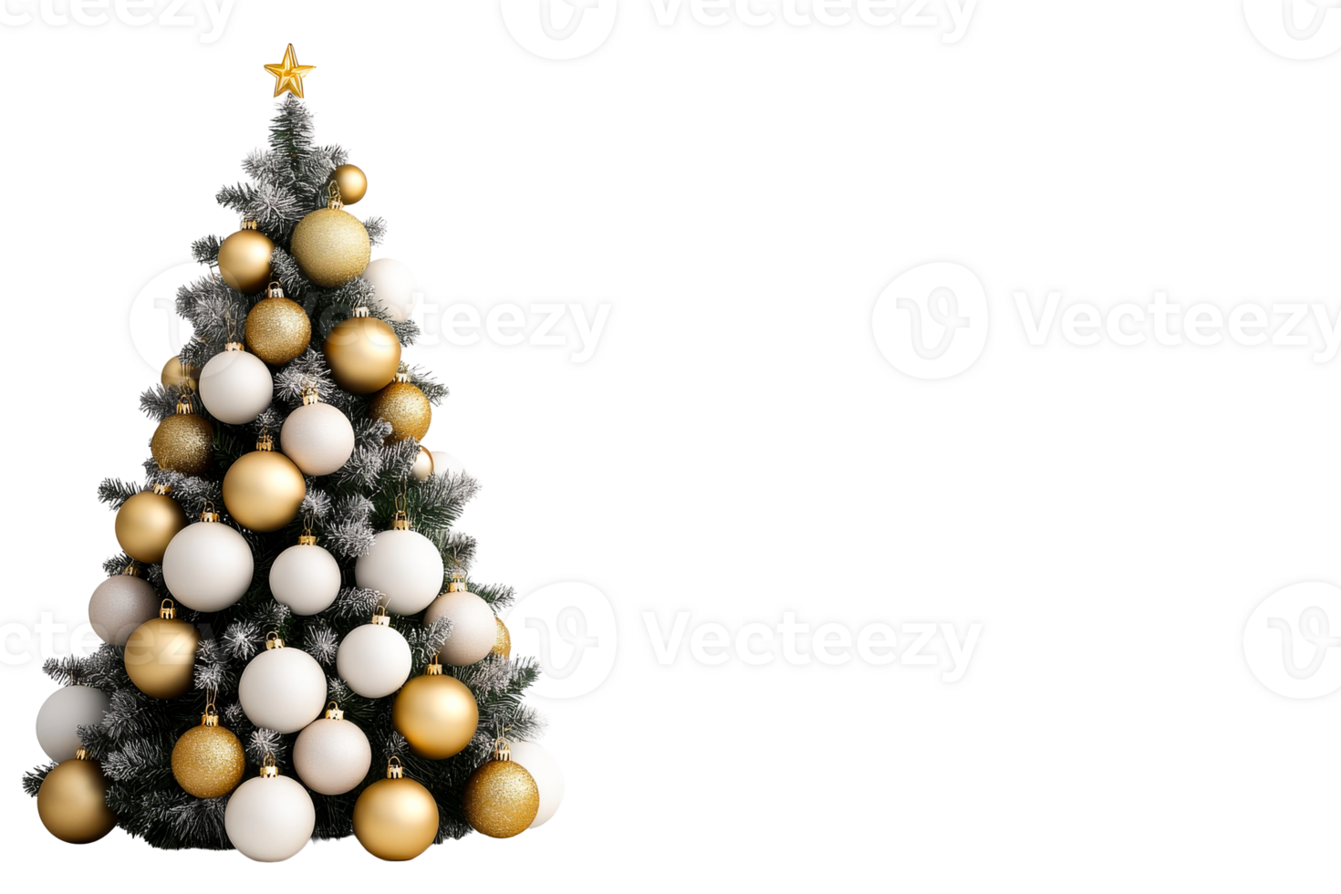 Christmas tree with gold balls, star on top, cut out transparent png