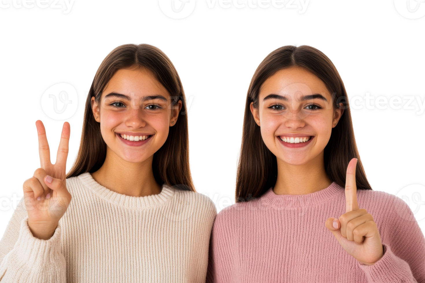 Two young women showing numbers one and two, cut out transparent png
