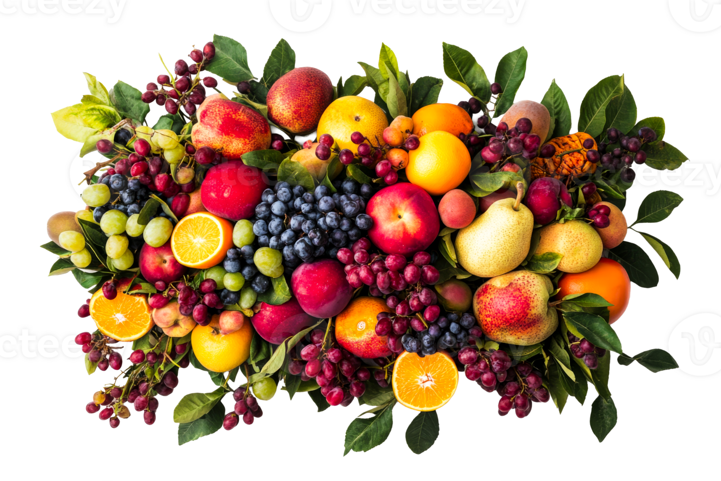 Abundance of fresh colorful fruits and leaves, cut out transparent png