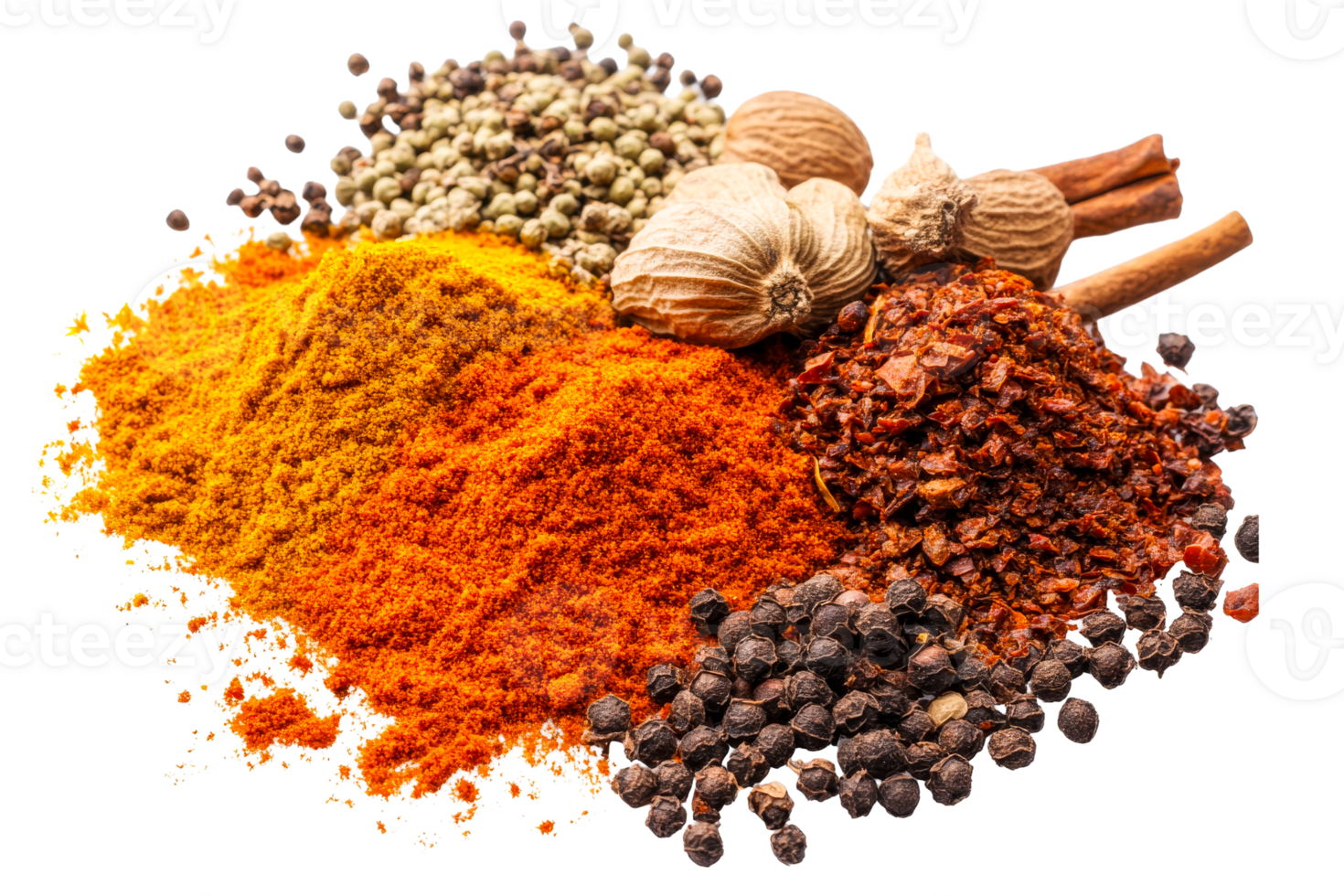 Vibrant mix spices and herbs pile variety for culinary use, cut out transparent png